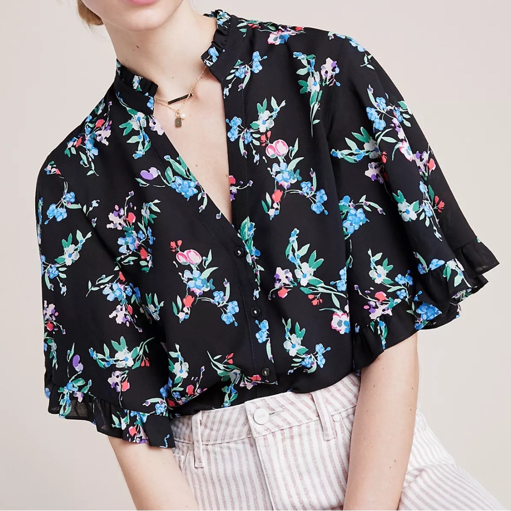 Maeve Anthropologie Aveiro Flutter Sleeved Buttondown XS floral vacation
